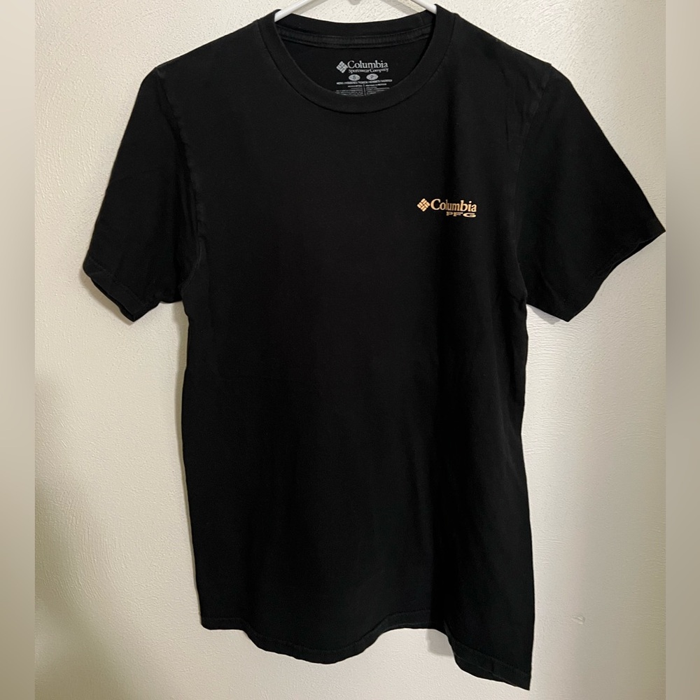 COLUMBIA SPORTSWEAR Classic PFG Logo T Shirt Black Yellow Green Men's Size S EUC
